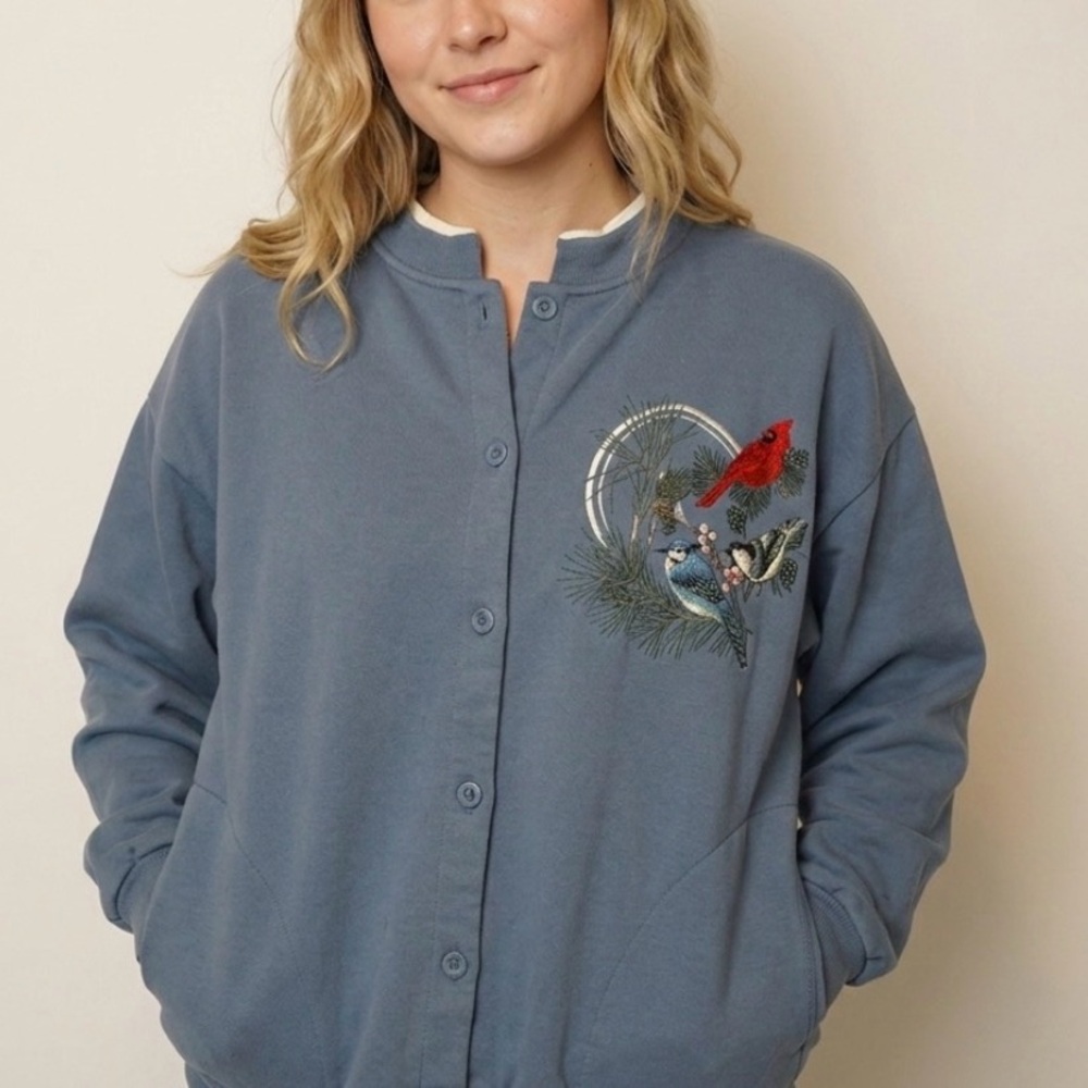 Vintage National Wildlife Federation Bird Embroidered Button Front Sweatshirt L